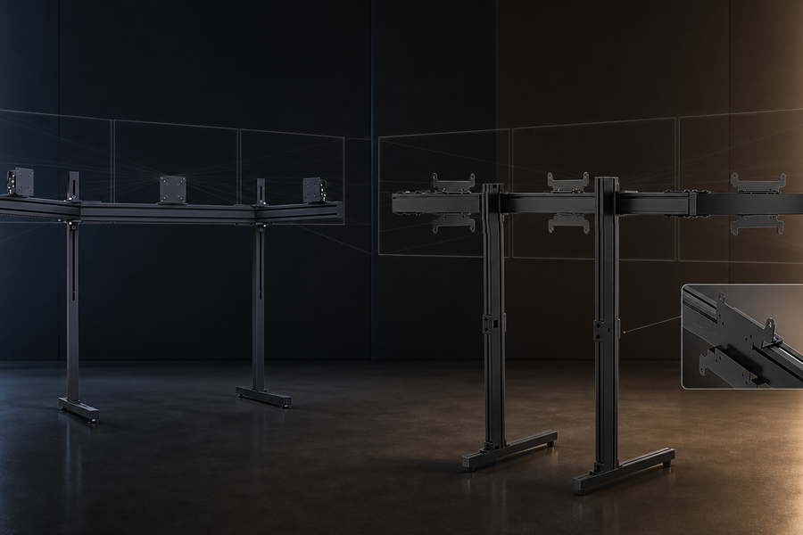 RSeat TX32 and SIMGASM Apex free-standing triple monitor stands compared for stability and VESA alignment