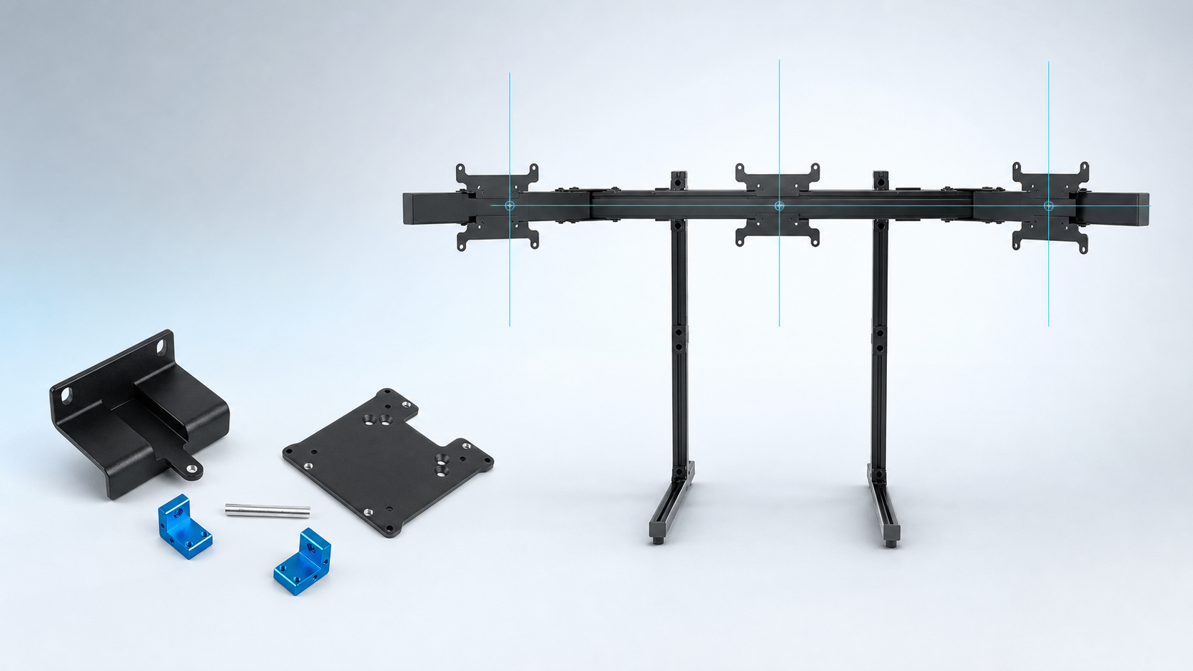 Sim-Lab Vario VESA adapter components beside a SIMGASM Apex triple monitor stand for triple-screen alignment