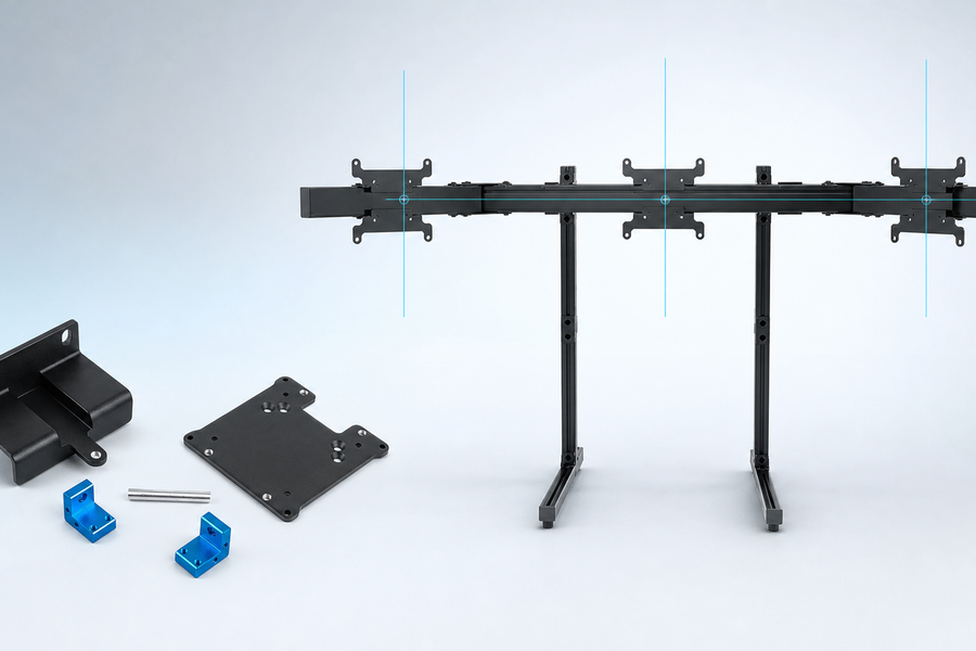 Sim-Lab Vario VESA adapter components beside a SIMGASM Apex triple monitor stand for triple-screen alignment