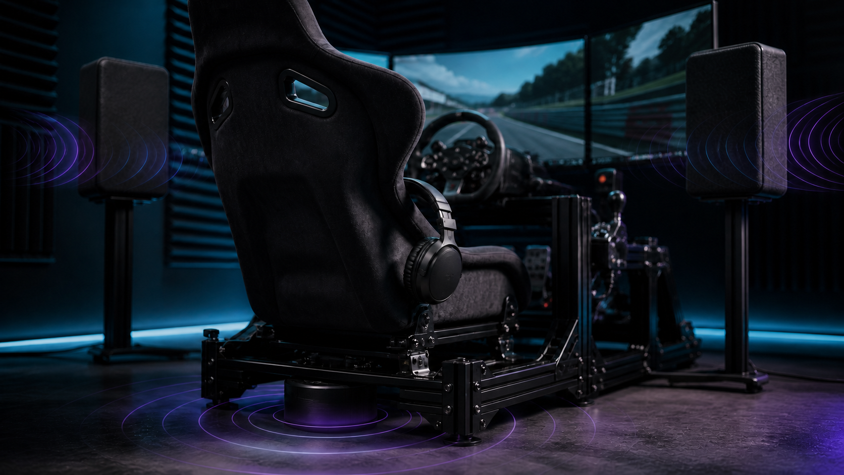 Sim-racing cockpit with stereo speakers, over-ear headphones and a tactile transducer beneath the seat