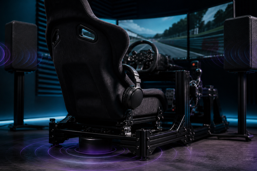Sim-racing cockpit with stereo speakers, over-ear headphones and a tactile transducer beneath the seat