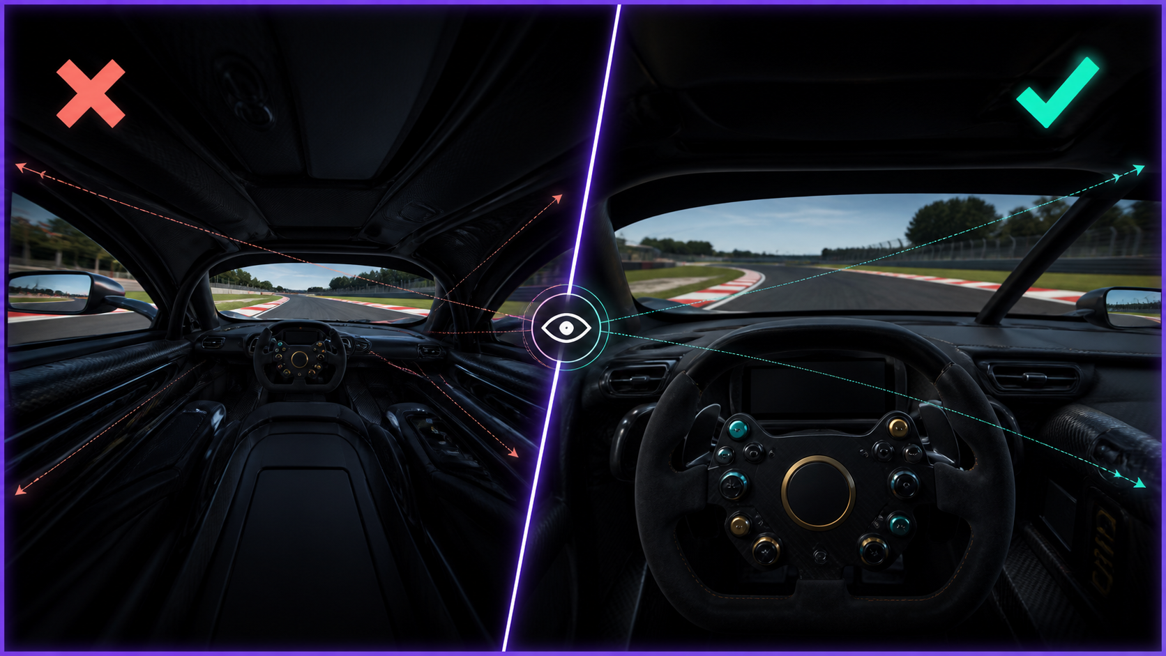 Incorrect and correct sim racing field-of-view perspectives compared side by side