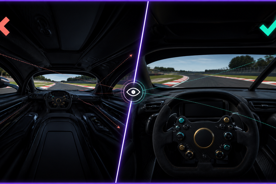 Incorrect and correct sim racing field-of-view perspectives compared side by side