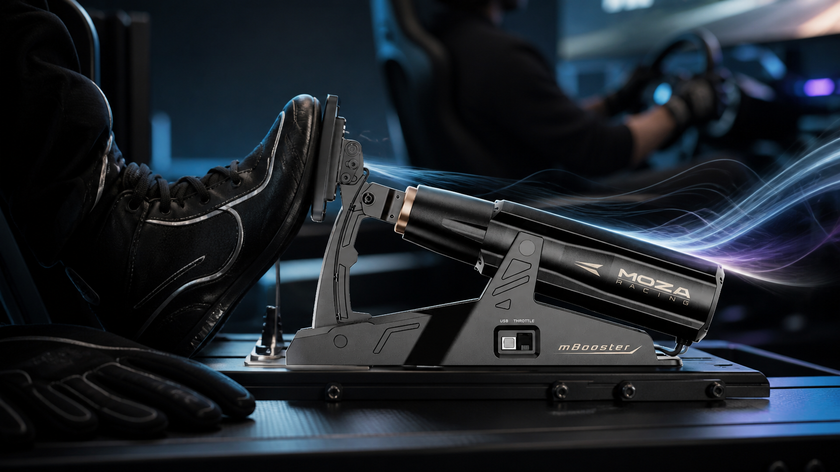 MOZA mBooster active pedal with racing shoes and gloves in a sim-racing cockpit setup