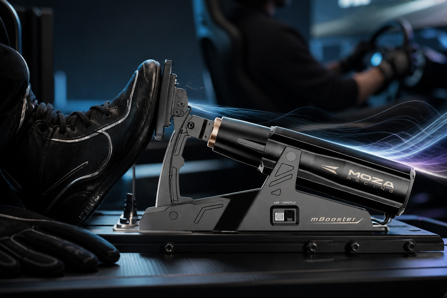 MOZA mBooster active pedal with racing shoes and gloves in a sim-racing cockpit setup