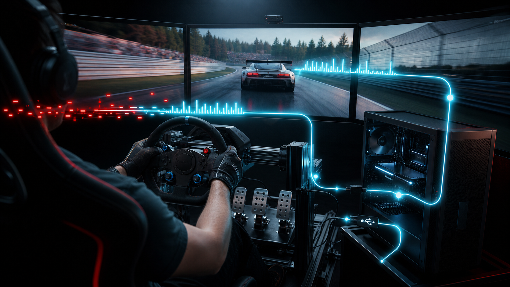 Sim racer using a triple-screen cockpit with a visualized low-latency signal path between controls, PC and displays