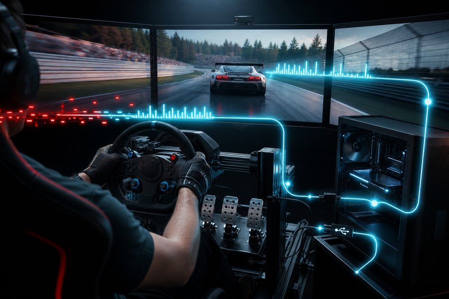 Sim racer using a triple-screen cockpit with a visualized low-latency signal path between controls, PC and displays