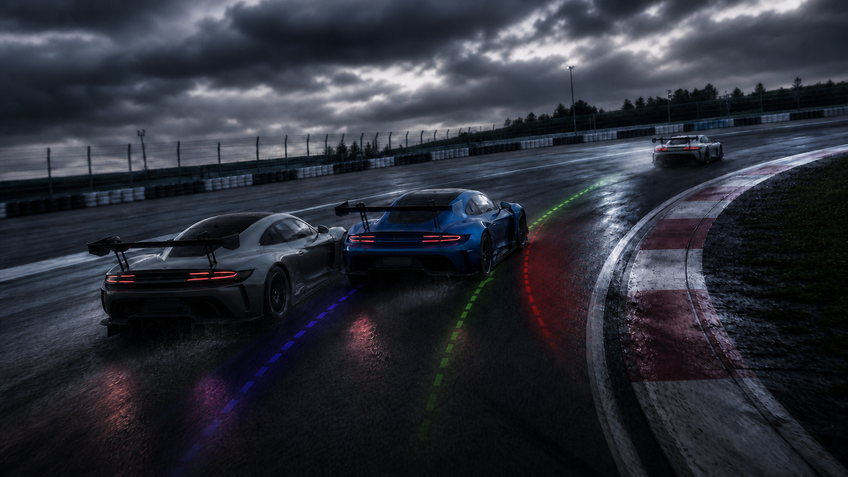 GT cars battling through a corner with racing-line graphics explaining overtaking and defending in sim racing