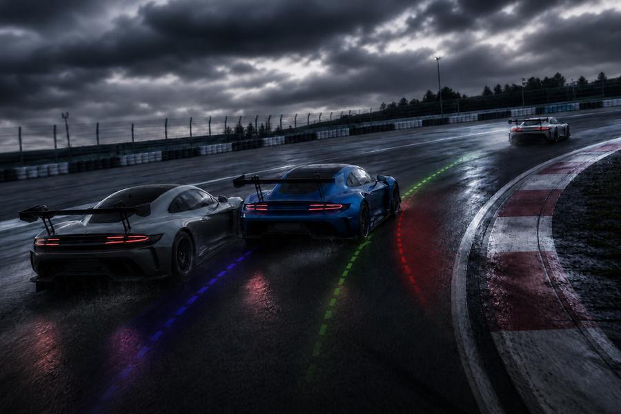 GT cars battling through a corner with racing-line graphics explaining overtaking and defending in sim racing