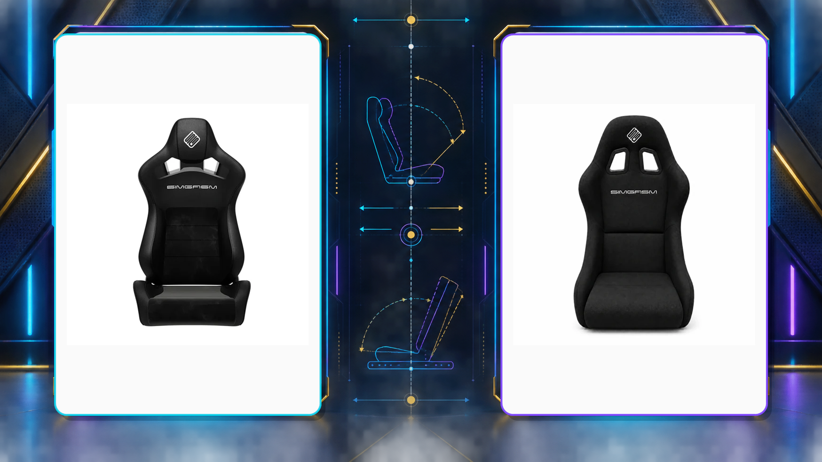 SIMGASM recline and fixed bucket sim racing seats compared with seating-position and adjustment graphics.