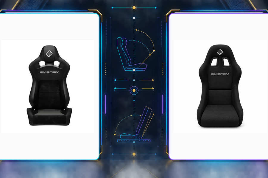 SIMGASM recline and fixed bucket sim racing seats compared with seating-position and adjustment graphics.