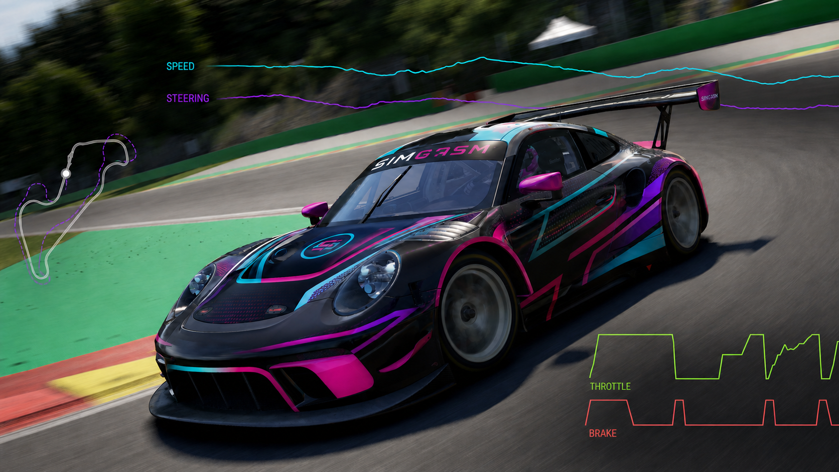 SIMGASM-liveried GT car with throttle, brake and speed telemetry traces for a beginner telemetry guide