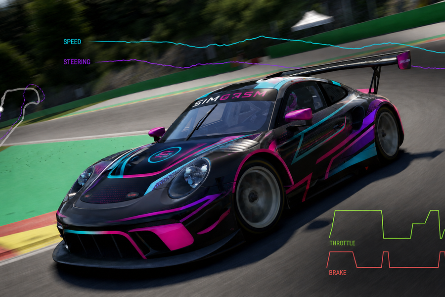 SIMGASM-liveried GT car with throttle, brake and speed telemetry traces for a beginner telemetry guide