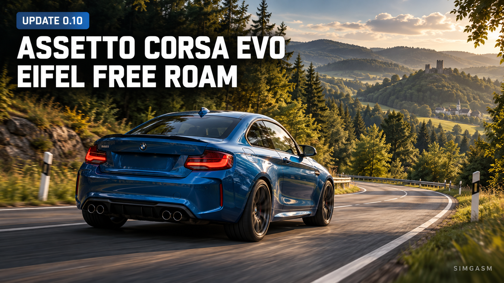 AI-generated editorial illustration of a blue sports coupe on an Eifel country road for Assetto Corsa EVO Update 0.10
