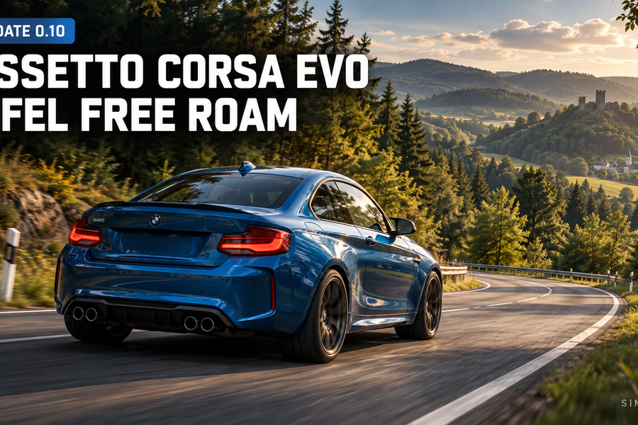AI-generated editorial illustration of a blue sports coupe on an Eifel country road for Assetto Corsa EVO Update 0.10