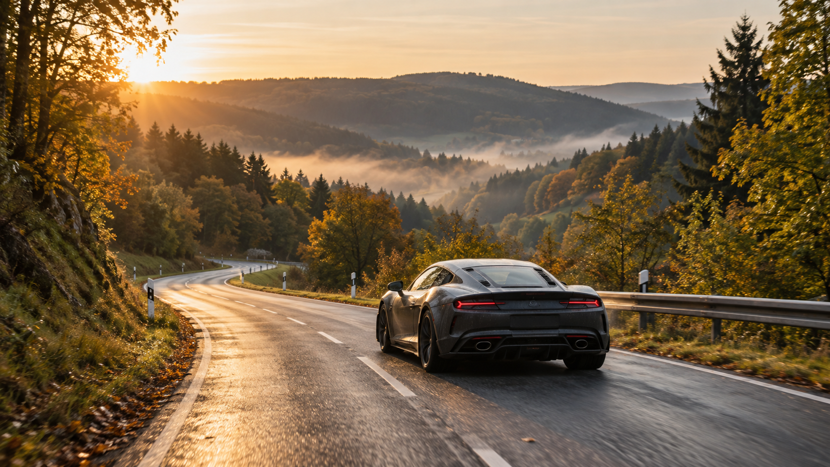 AI-generated editorial image of a graphite sports coupe on a winding Eifel-inspired road at sunrise.