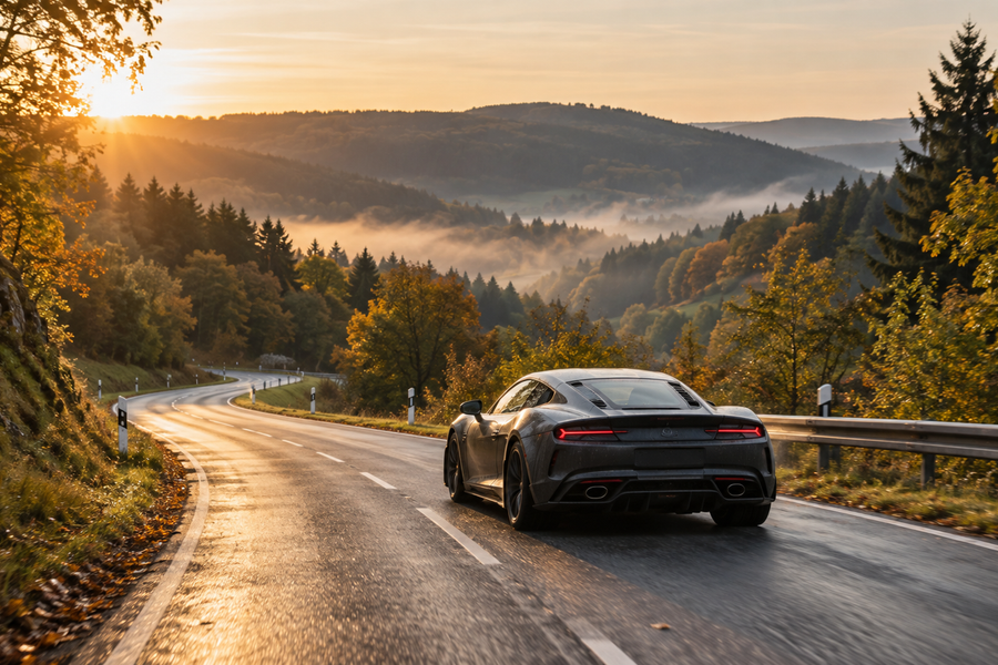 AI-generated editorial image of a graphite sports coupe on a winding Eifel-inspired road at sunrise.