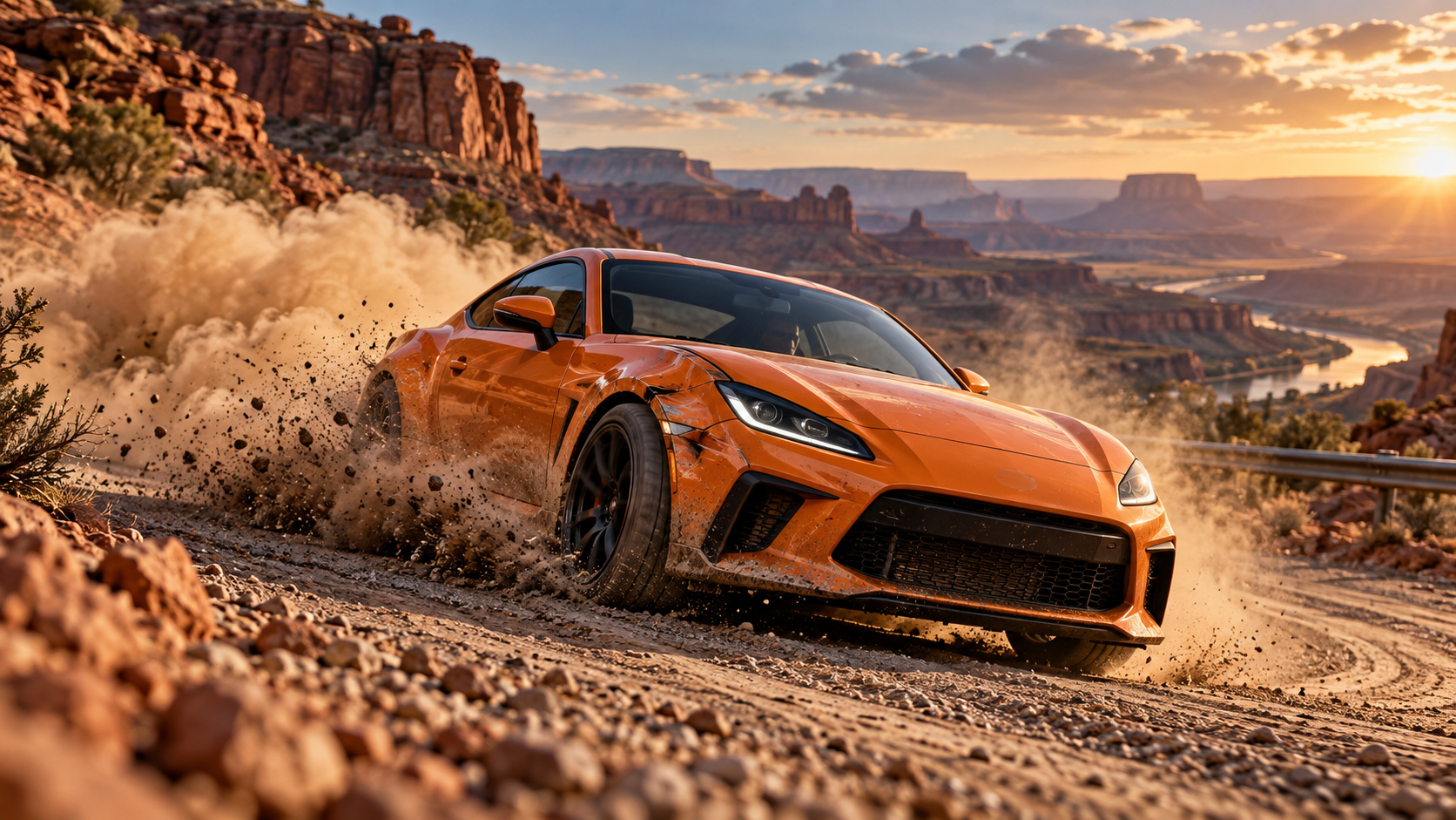AI-generated editorial illustration of an orange sports coupe sliding through a desert gravel corner, inspired by BeamNG.drive.