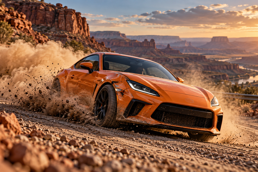 AI-generated editorial illustration of an orange sports coupe sliding through a desert gravel corner, inspired by BeamNG.drive.