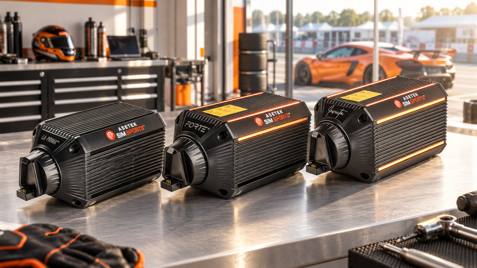 Asetek La Prima, Forte and Invicta wheelbases displayed together in a bright paddock workshop.
