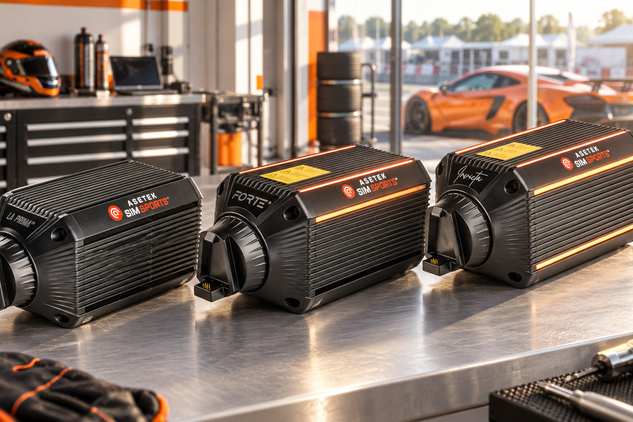Asetek La Prima, Forte and Invicta wheelbases displayed together in a bright paddock workshop.