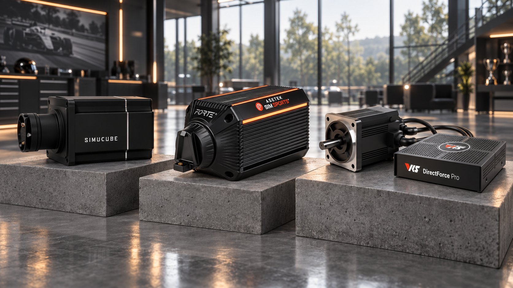 Simucube, Asetek and VRS direct-drive systems arranged for comparison in an engineering studio.