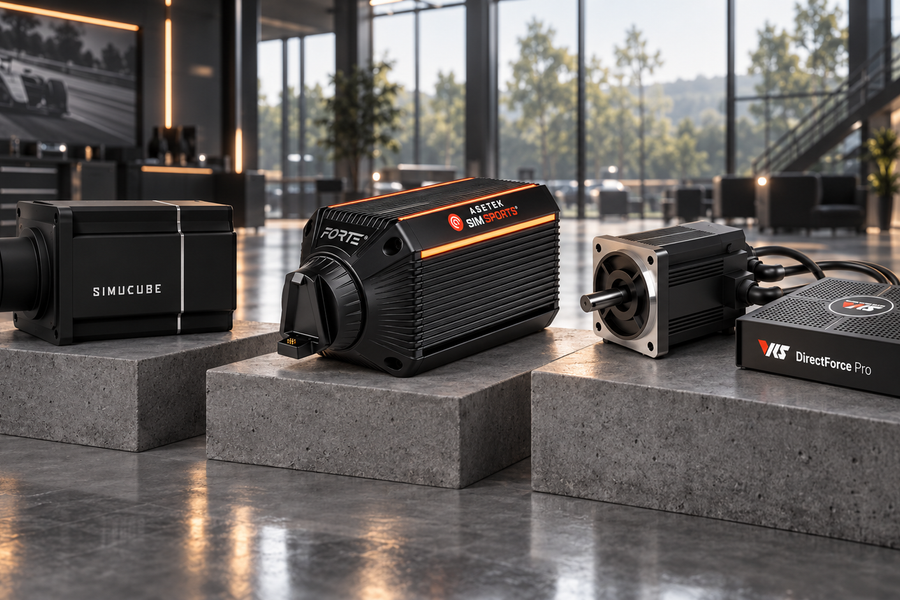 Simucube, Asetek and VRS direct-drive systems arranged for comparison in an engineering studio.