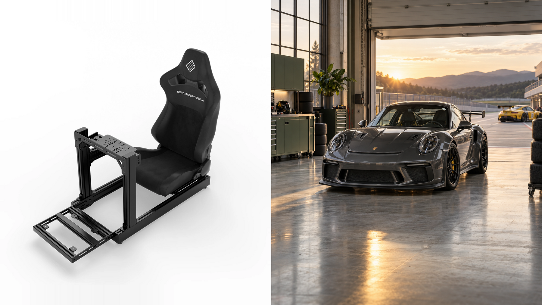 Original black SIMGASM cockpit photograph beside a sports car in a sunlit garage.