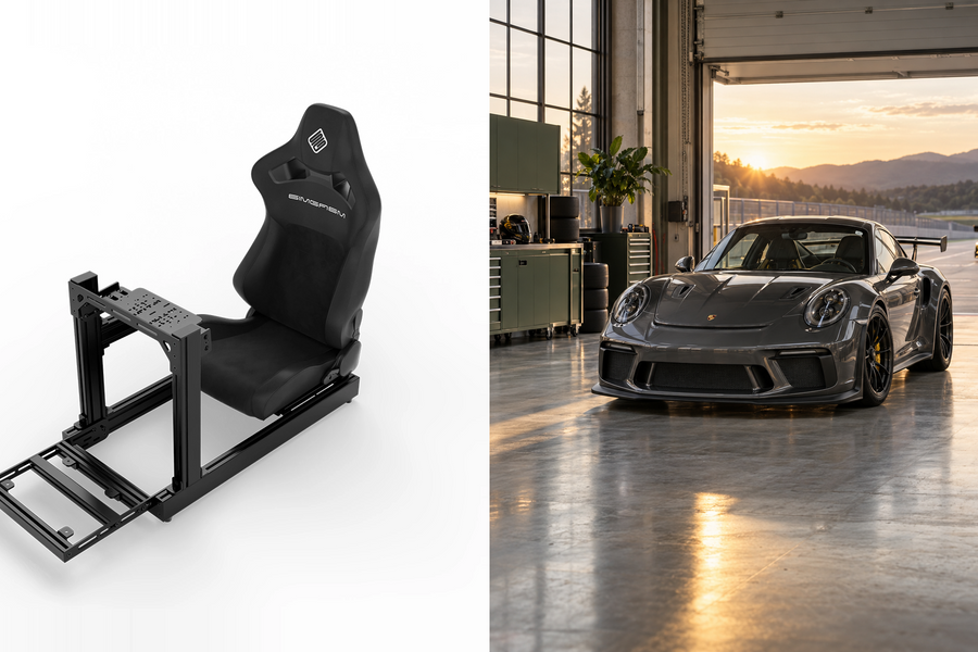 Original black SIMGASM cockpit photograph beside a sports car in a sunlit garage.