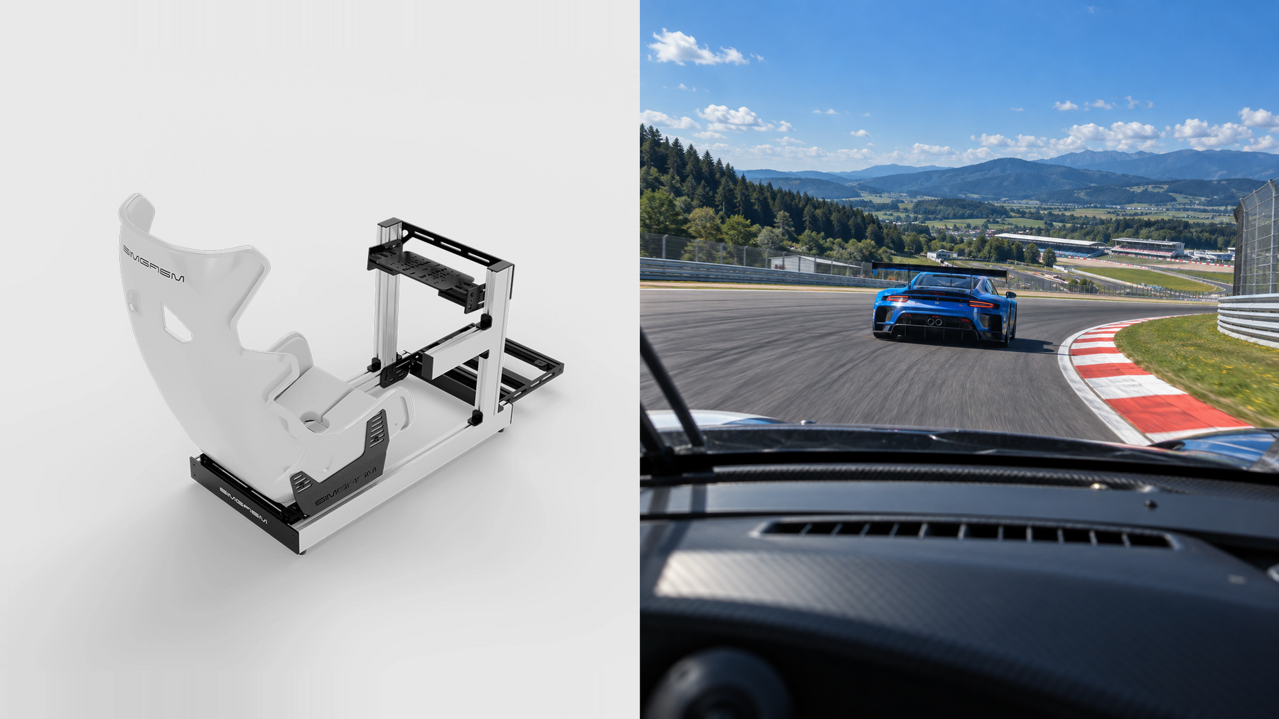 Original white SIMGASM cockpit photograph beside a race car view of a flowing circuit.