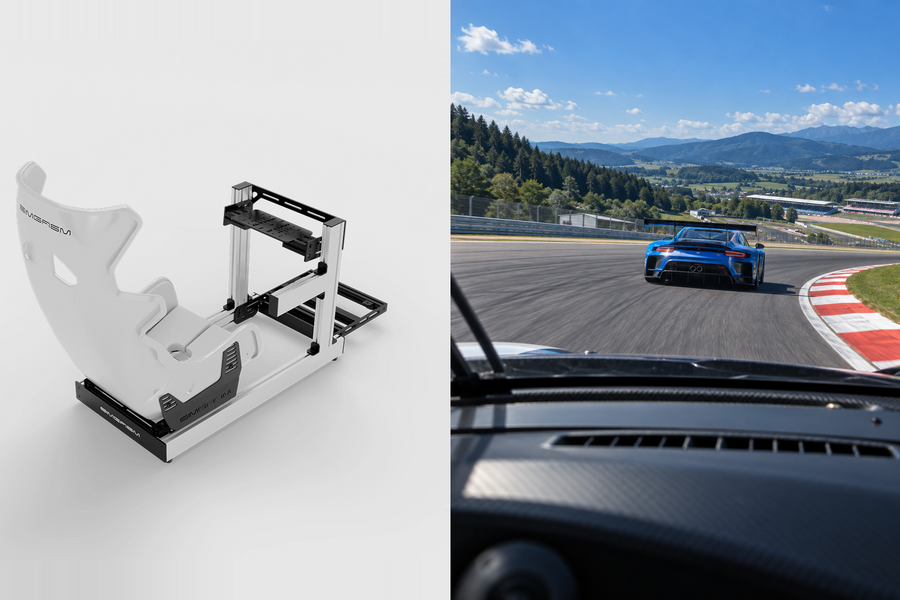 Original white SIMGASM cockpit photograph beside a race car view of a flowing circuit.