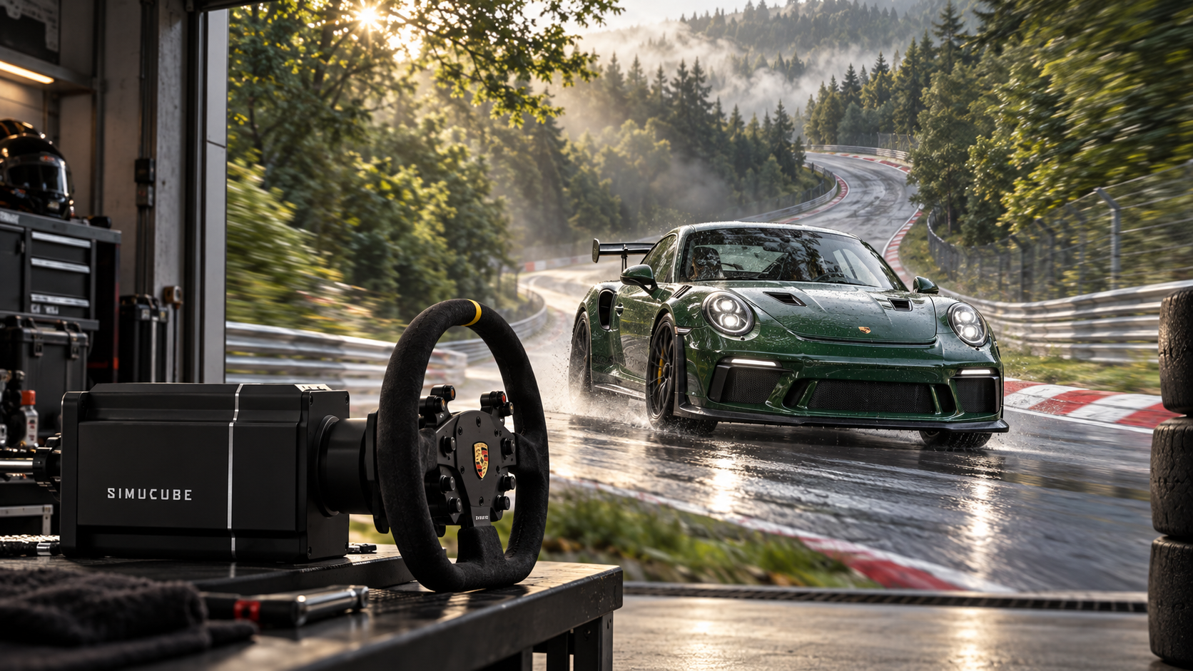 Simucube steering hardware beside a forest circuit with a green sports car and red-white kerbs.