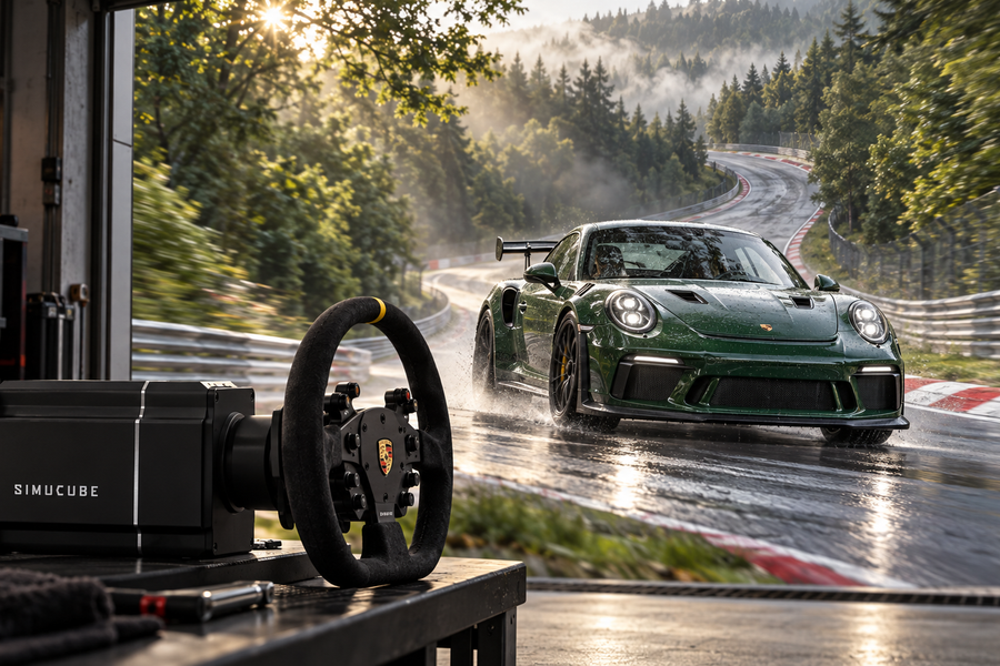 Simucube steering hardware beside a forest circuit with a green sports car and red-white kerbs.