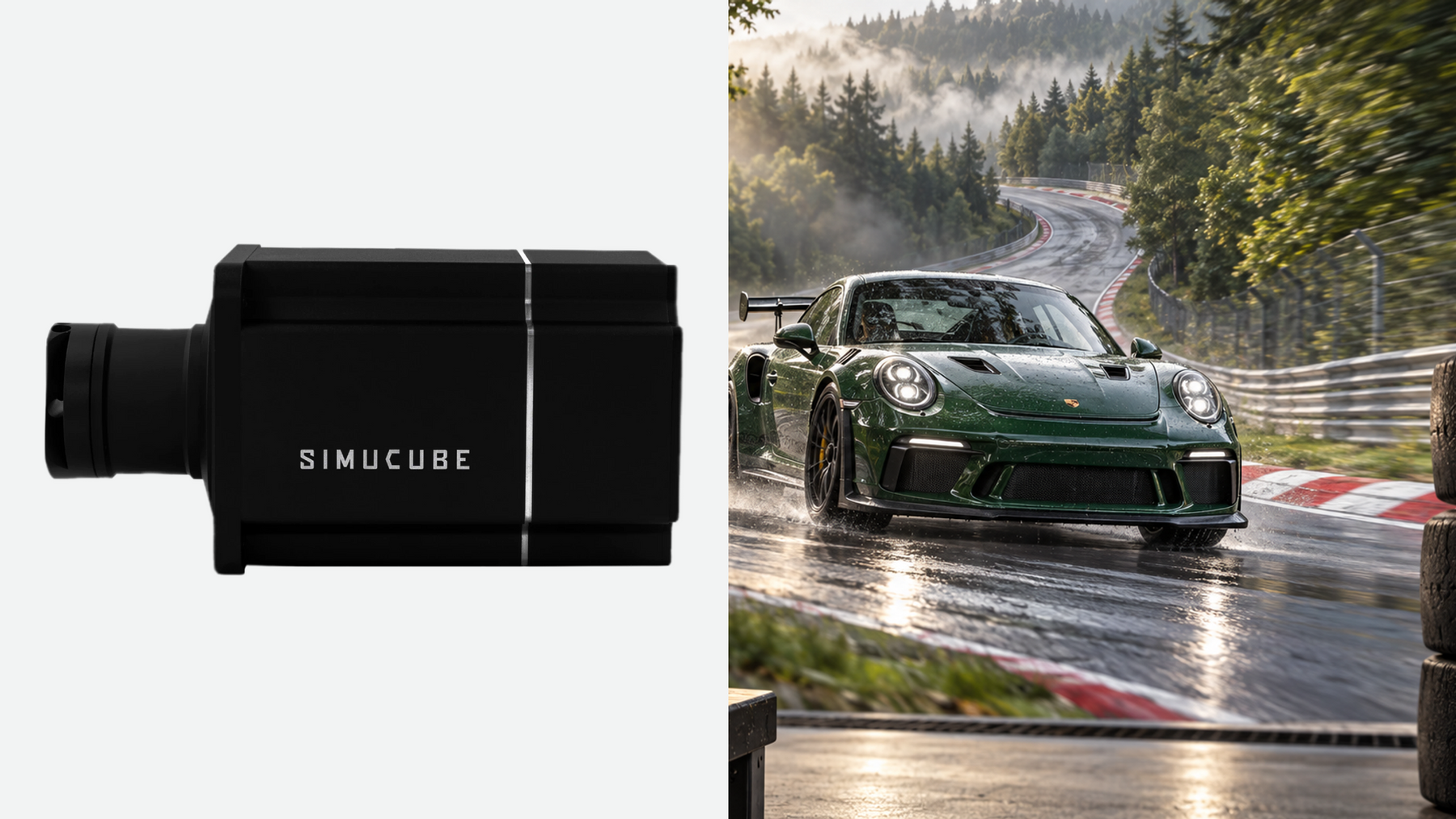 Original Simucube wheelbase photograph beside a sports car on a forest circuit.