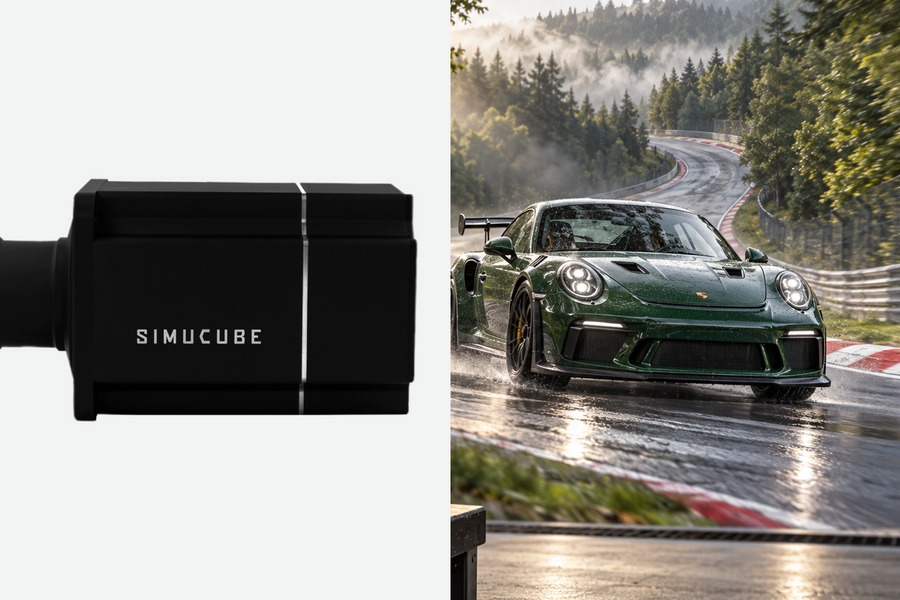 Original Simucube wheelbase photograph beside a sports car on a forest circuit.