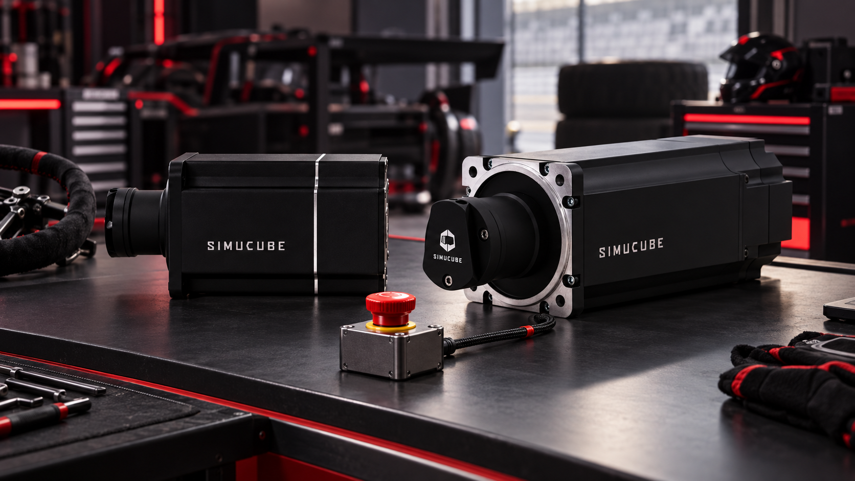 Simucube Pro and Ultimate wheelbases with an accessible red torque-off button.
