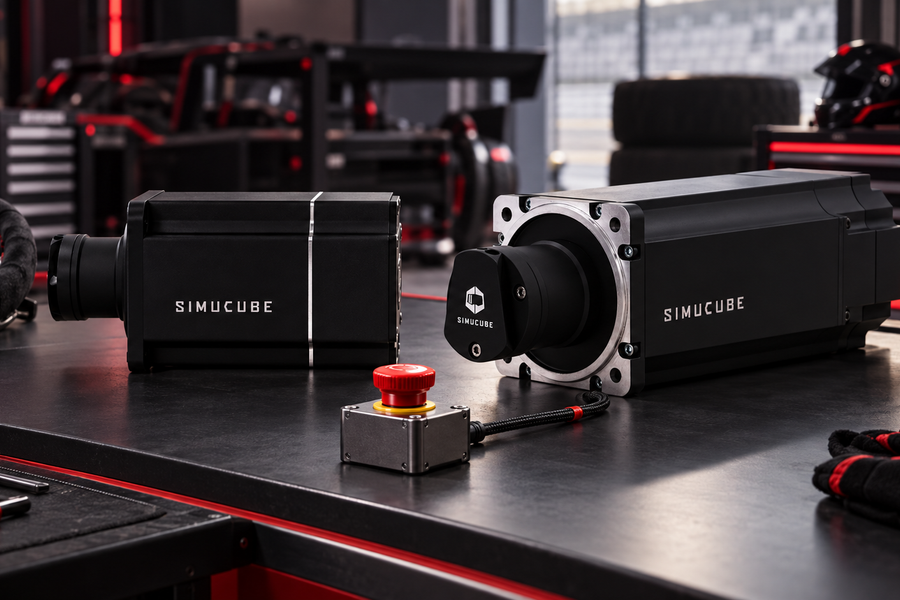 Simucube Pro and Ultimate wheelbases with an accessible red torque-off button.