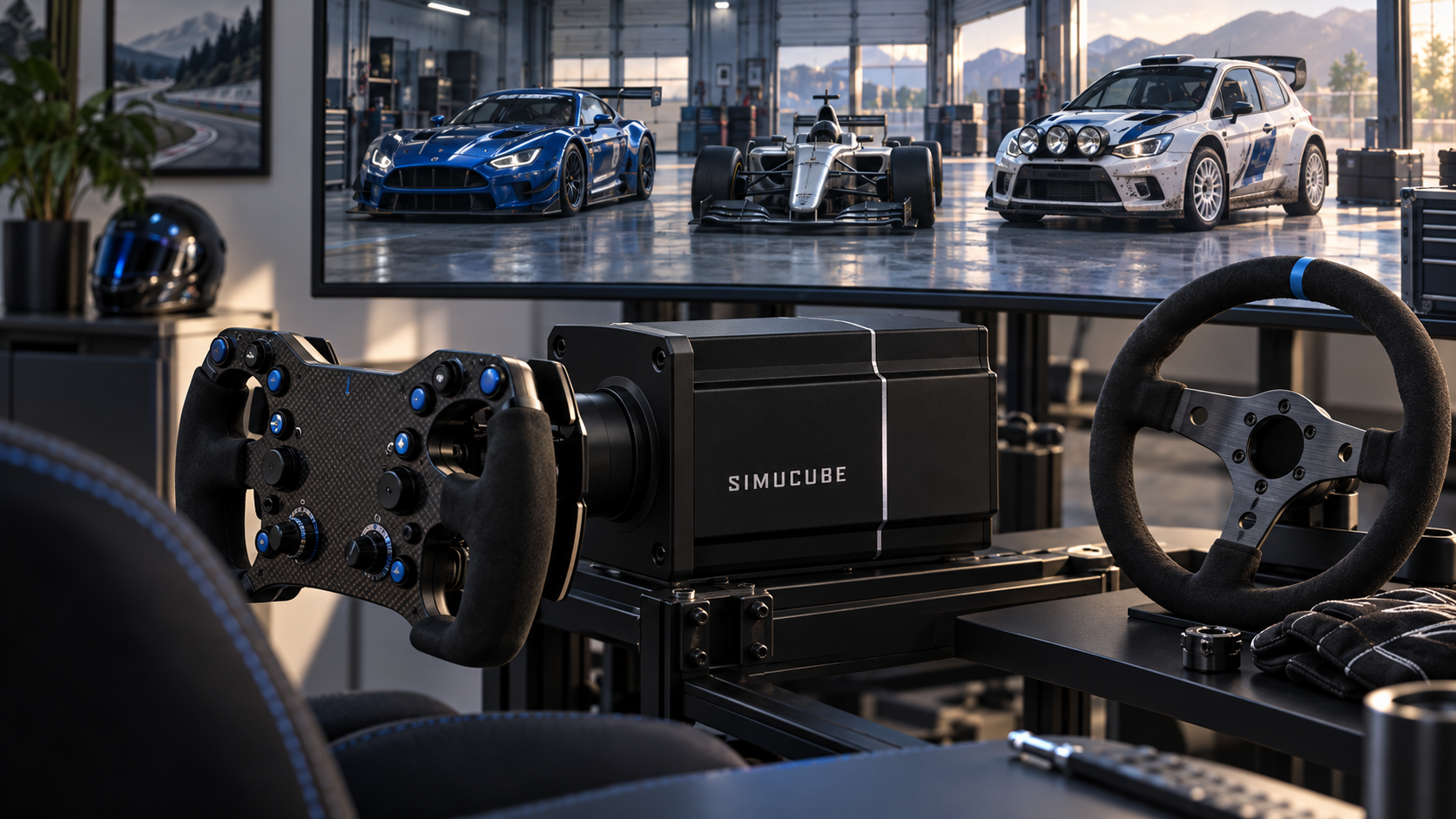 Simucube steering setup with different wheel styles and a racing garage on screen.
