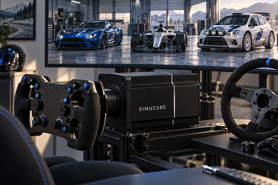 Simucube steering setup with different wheel styles and a racing garage on screen.