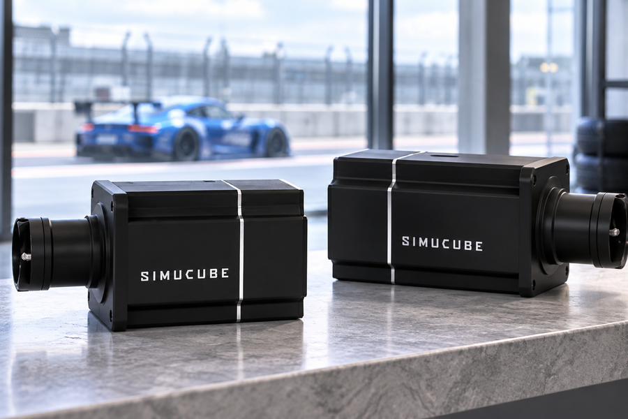 Simucube 2 Sport and Pro wheelbases displayed side by side in a motorsport showroom.