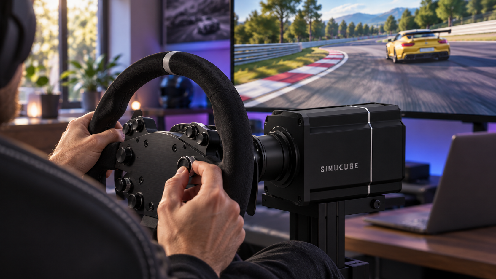 Close view of a Simucube steering setup being fine-tuned beside a racing display.