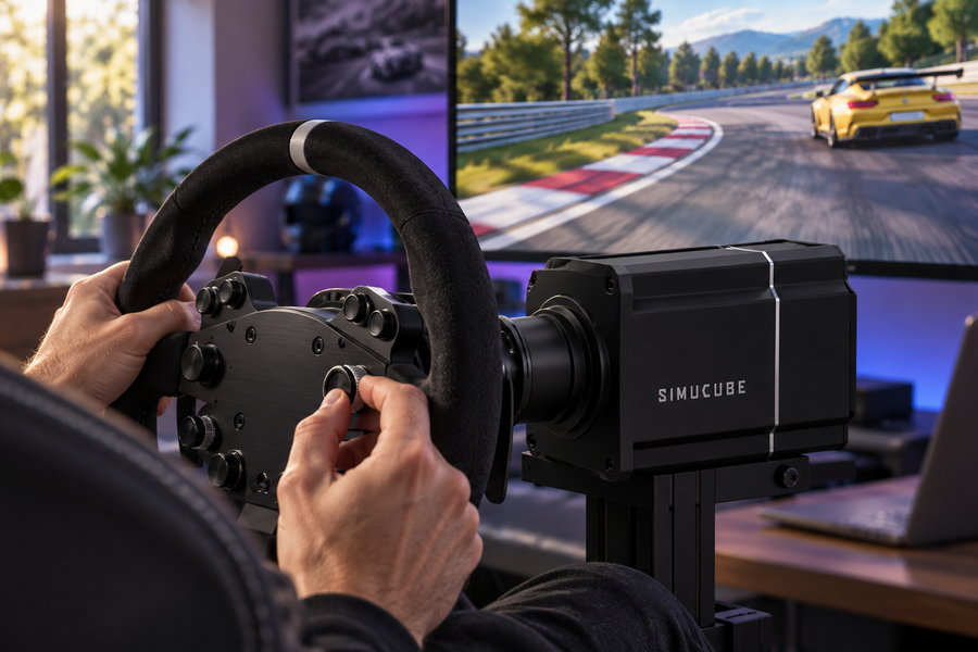 Close view of a Simucube steering setup being fine-tuned beside a racing display.