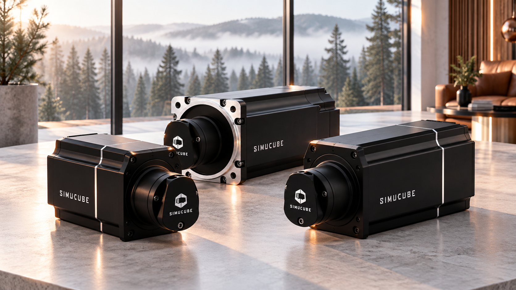 Simucube 2 Sport, Pro and Ultimate wheelbases in a bright Scandinavian-style showroom.