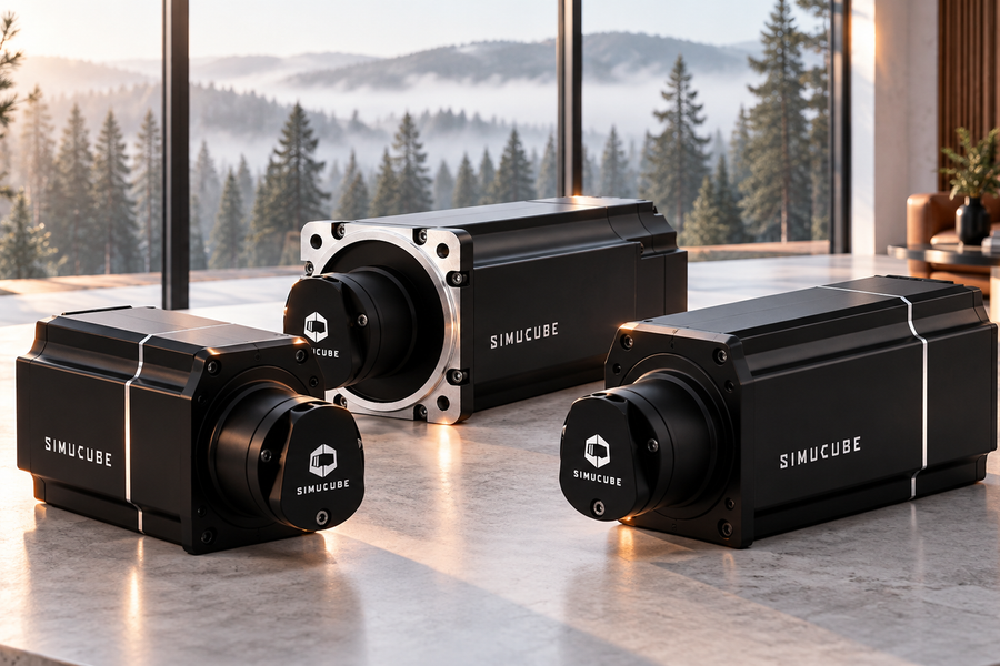Simucube 2 Sport, Pro and Ultimate wheelbases in a bright Scandinavian-style showroom.