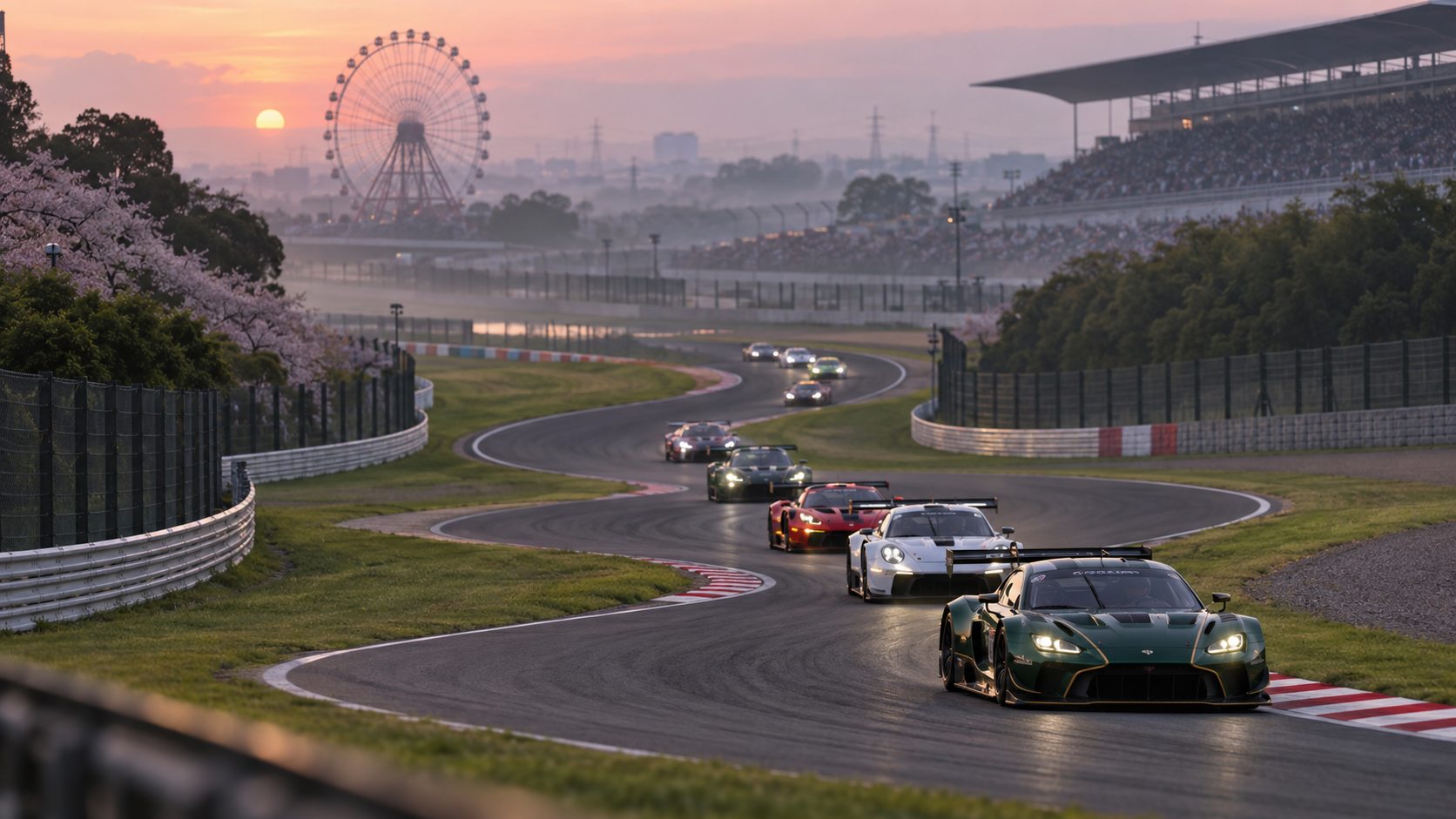 GT endurance cars passing beneath Suzuka's Ferris wheel at sunrise.