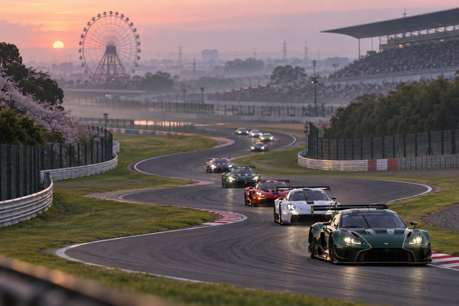 GT endurance cars passing beneath Suzuka's Ferris wheel at sunrise.