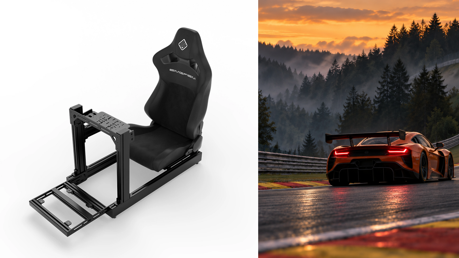 Original black SIMGASM Club cockpit and Core Recline seat render beside GT cars racing uphill at sunset.