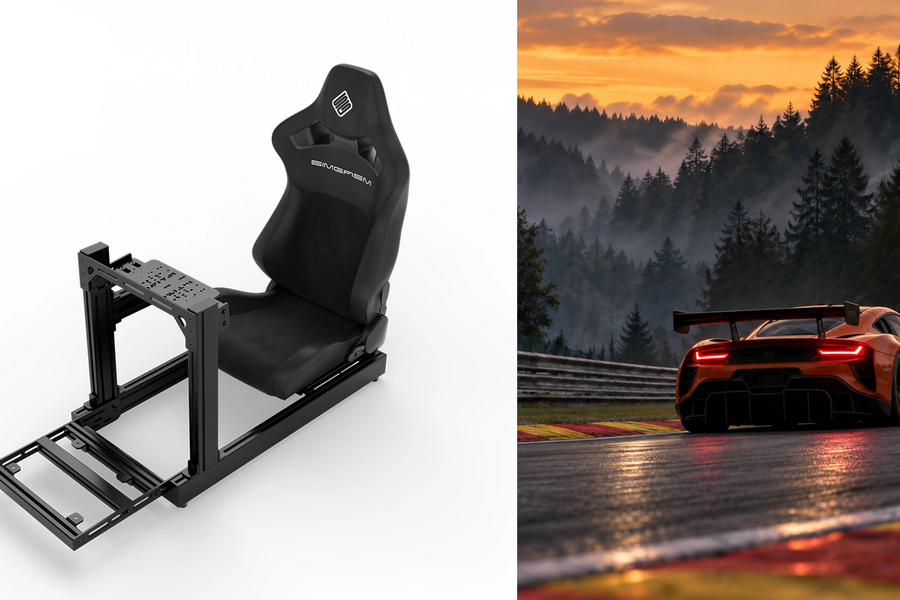 Original black SIMGASM Club cockpit and Core Recline seat render beside GT cars racing uphill at sunset.