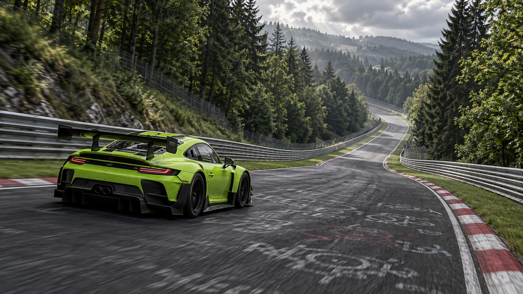Lime-green GT racing car on a quiet Nordschleife qualifying lap.