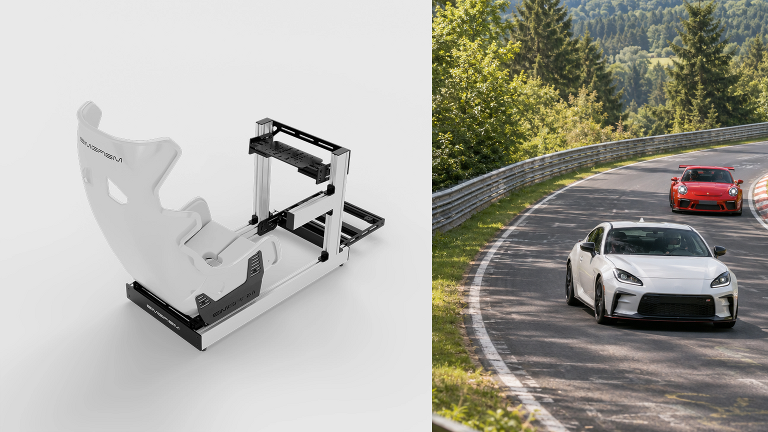 Unchanged white SIMGASM Club cockpit and Atlas GT seat render beside cars on a forest circuit.